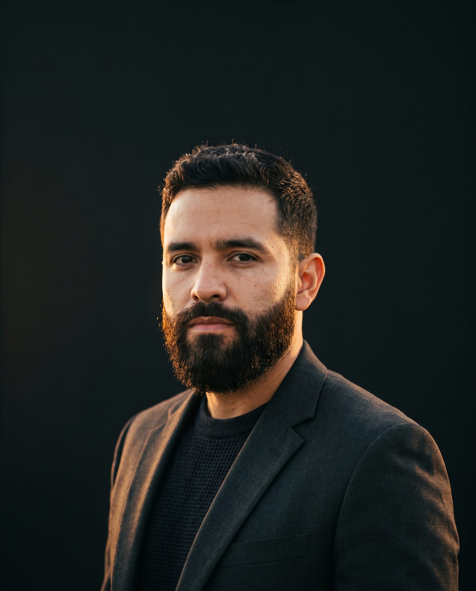 Hombre con barba definida, luz cálida sobre fondo negro